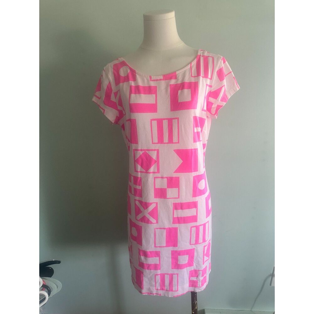 Mahi Gold "Annie" Cap Sleeve Dress - Pink/White Nautical Flags - Size L